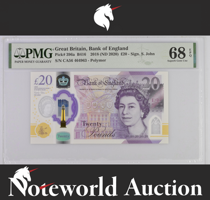 Great Britain 20 Pounds 2018 (ND 2020) P 396a Polymer UNC PMG 68 EPQ 3rd TOP POP