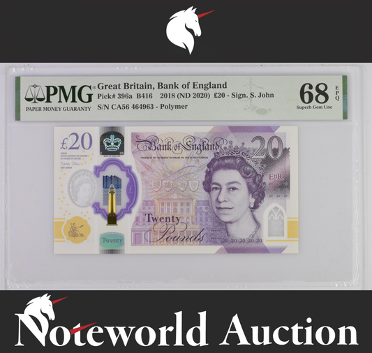 Great Britain 20 Pounds 2018 (ND 2020) P 396a Polymer UNC PMG 68 EPQ 3rd TOP POP