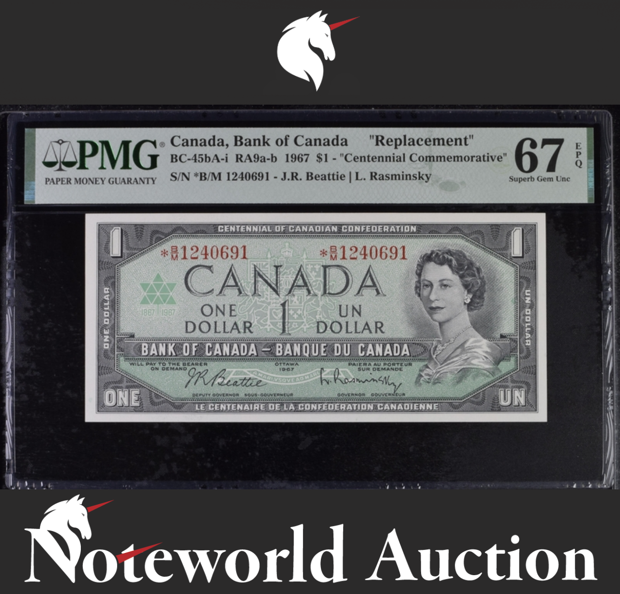 Canada COMM. $1 RA9a-b 1967 BC-45bA-i Replacement UNC PMG 67 EPQ 2nd TOP POP