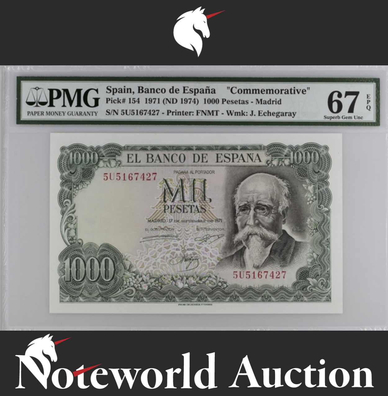 Spain Commemorative 1000 Pesetas 1971 (ND 1974) P 154 UNC PMG 67 EPQ 2nd TOP POP