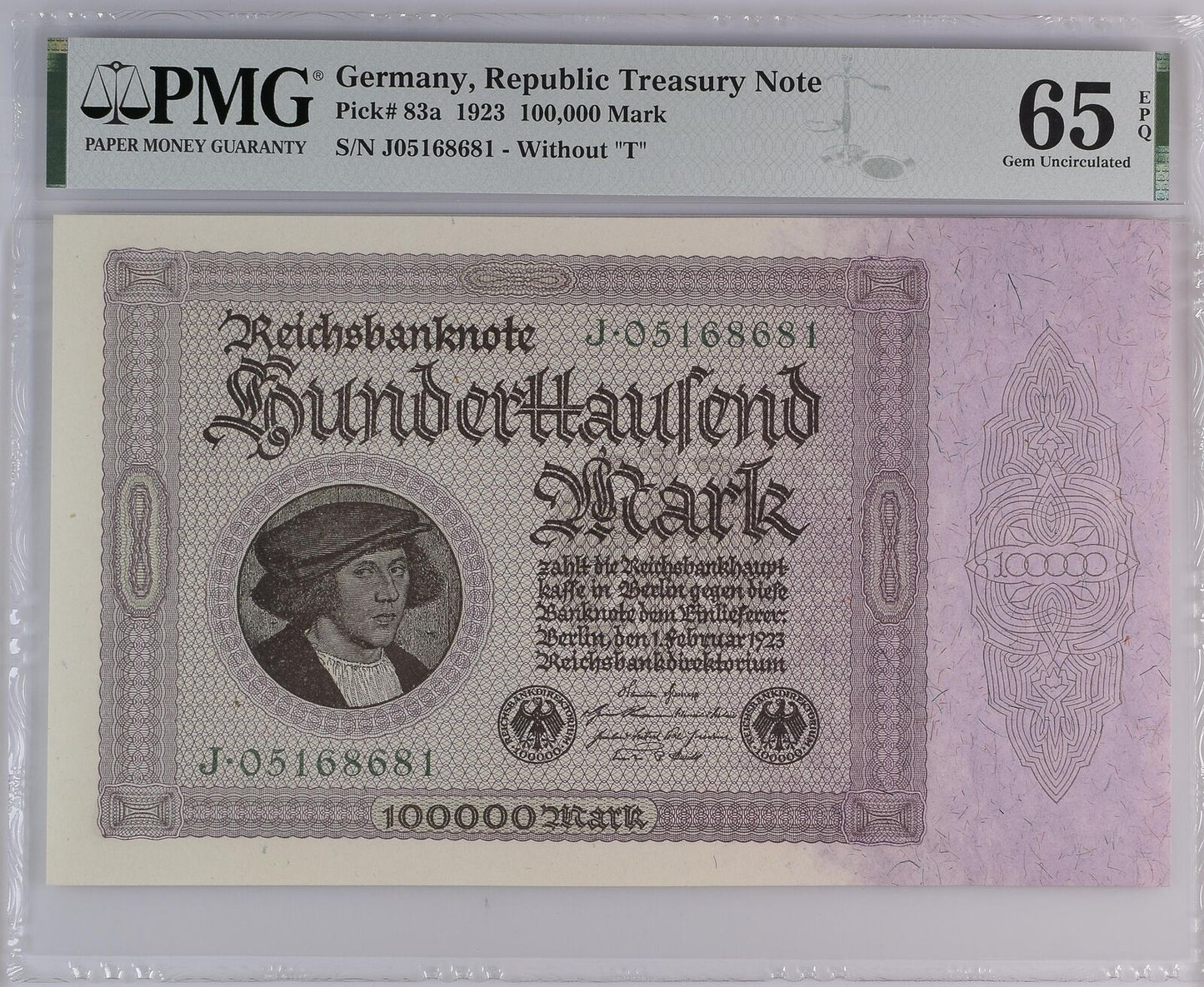 GERMANY REPUBLIC TREASURY 100000 Mark 1923 P 83a without ''T'' UNC PMG 65 EPQ