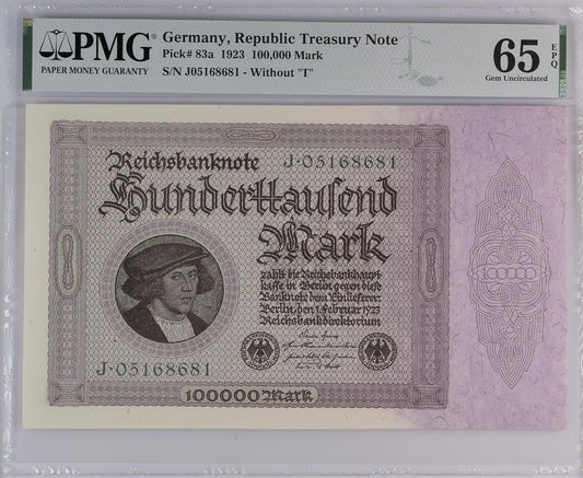 GERMANY REPUBLIC TREASURY 100000 Mark 1923 P 83a without ''T'' UNC PMG 65 EPQ