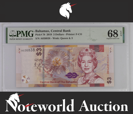 Bahamas Central Bank 3 Dollars 2019 P 78 S/N A036838 UNC PMG 68 EPQ 3rd TOP POP