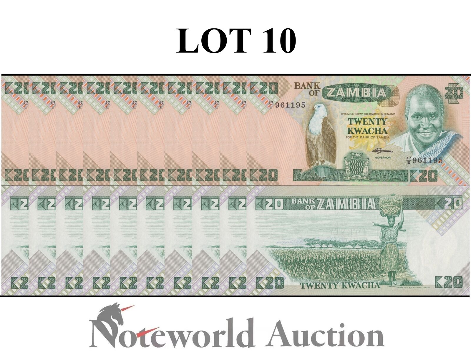 ZAMBIA Lot 10 pcs 1/10 Bundle - 20 Kwacha ND 1980-1988 P 27 UNC