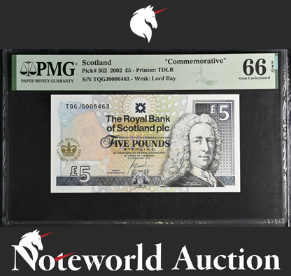 Scotland Commemorative 5 Pounds 2002 P 362 Fancy LOW No. 0006463 UNC PMG 66 EPQ