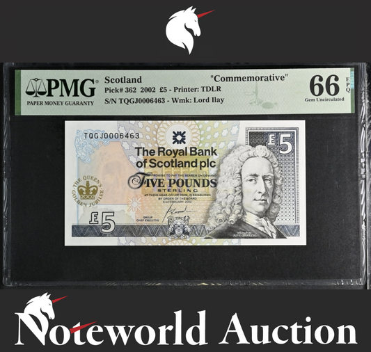 Scotland Commemorative 5 Pounds 2002 P 362 Fancy LOW No. 0006463 UNC PMG 66 EPQ
