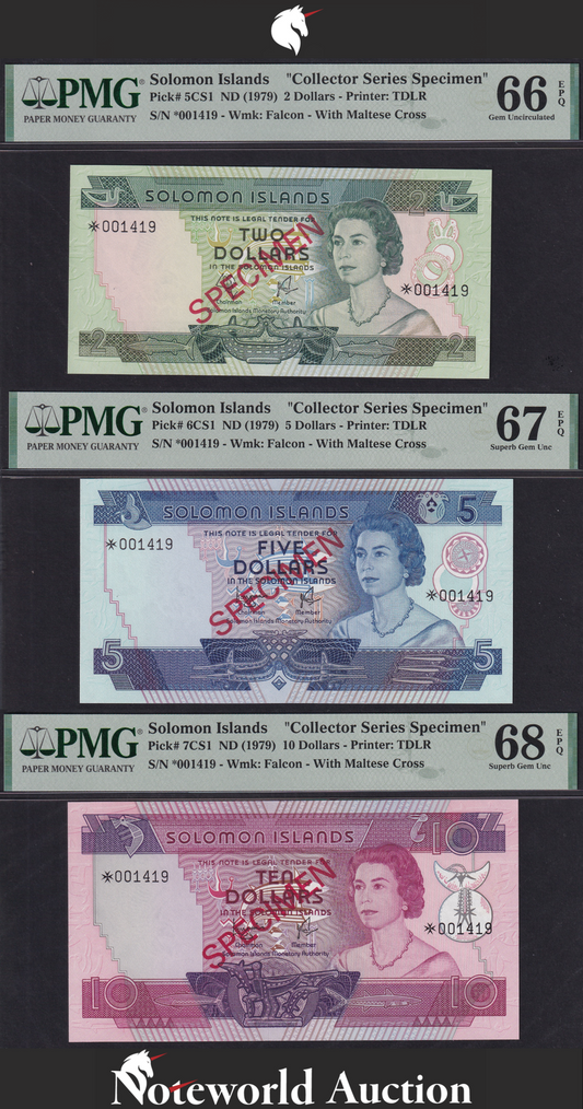 Solomon Islands Set 3 pcs - 2 5 10 1979 P 5 6 7CS1 SPECIMEN UNC PMG 66 67 68 EPQ