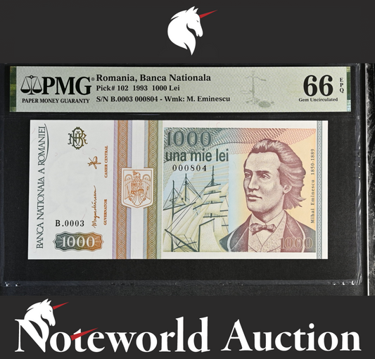 Romania Banca Nationala 1000 Lei 1993 P 102 LOW S/N 000804 UNC PMG 66 EPQ