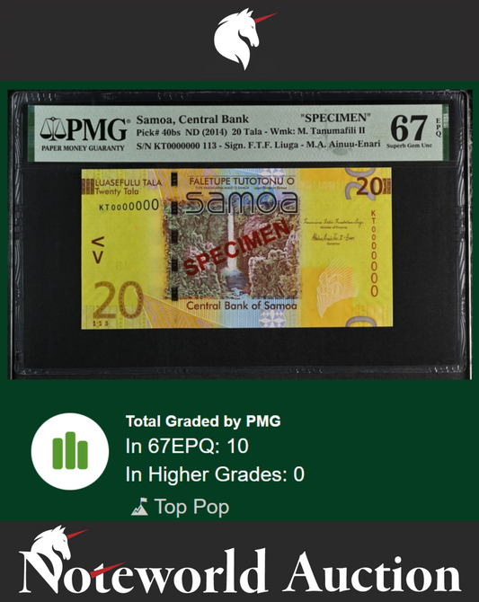 Samoa SPECIMEN 20 Tala ND (2014) P 40bs S/N 113 UNC PMG 67 EPQ TOP POP