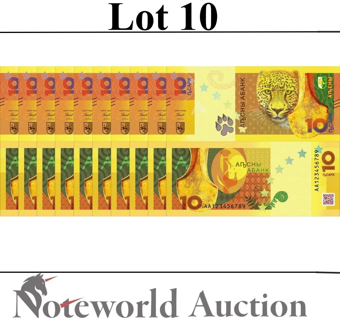 ABKHAZIA COMM.  Lot 10 1/10 Bundle - 10 Apsar 2024 P New Leopard UNC