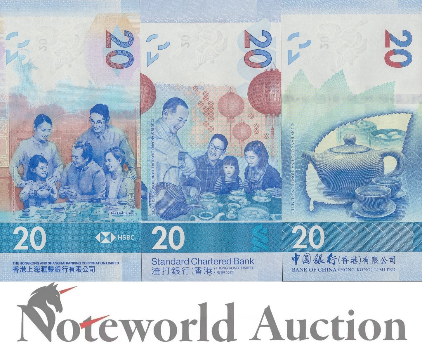 HONG KONG HSBC SCB BOC Set 3 pcs - 20 Dollars Random Year P 218 302 348 UNC