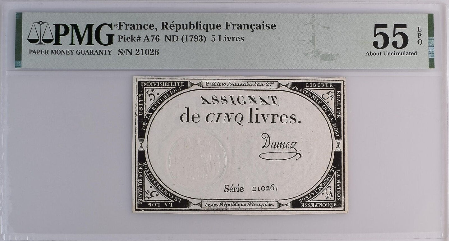 FRANCE 5 Livres 1793 P A76 AU PMG 55 EPQ