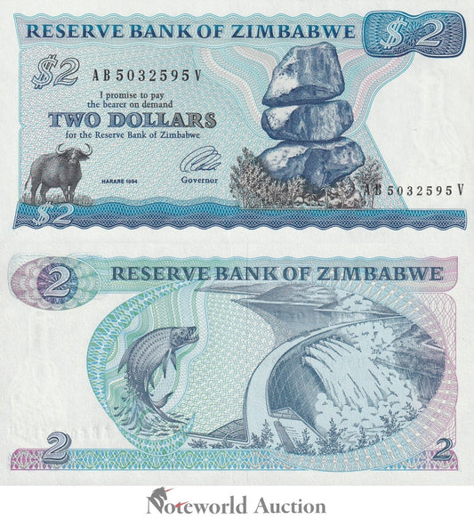 ZIMBABWE 2 Dollars 1994 P 1d Rare Long Neck Watermark UNC
