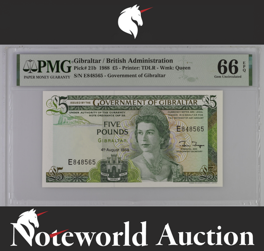 Gibraltar British Administration 5 Pounds 1988 P 21b UNC PMG 66 EPQ