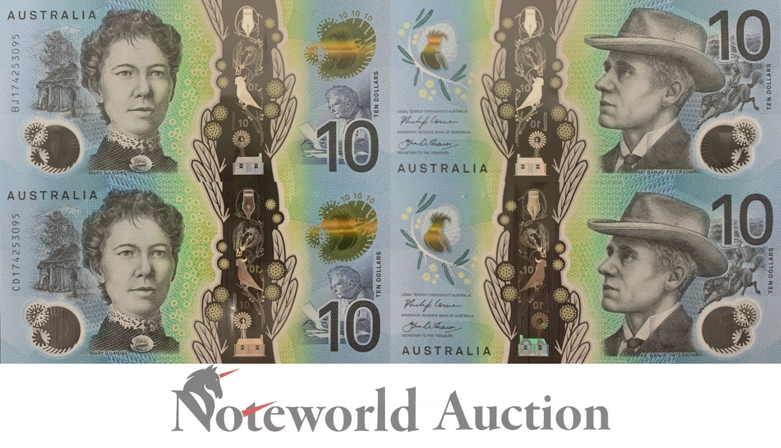 AUSTRALIA Set 2 pcs - 10 Dollars 2017 P 63 Polymer Matching No. UNC