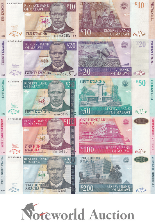 MALAWI Set 5 pcs - 10 20 50 100 200 Kwacha 2004-2007 P 51 52 53 54 55 UNC