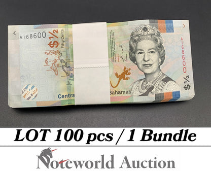 BAHAMAS Lot 100 pcs Bundle - 1/2 0.5 Dollar 2019 P A77 Queen Elizabeth ll UNC