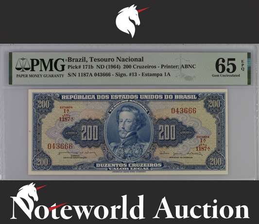 Brazil Tesouro Nacional 200 Cruzeiros ND 1964 P 171b UNC PMG 65 EPQ