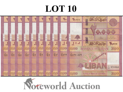 LEBANON 20000 Livres 2019 P 93Lot 10 pcs 1/10 Bundle UNC