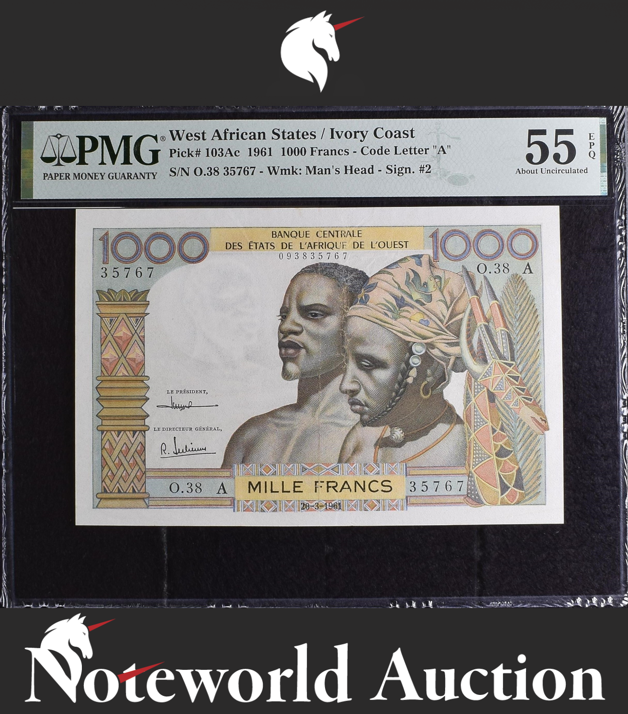 West African States lvory Coast 1000 Francs 1961 P 103Ac AC PMG 55 EPQ