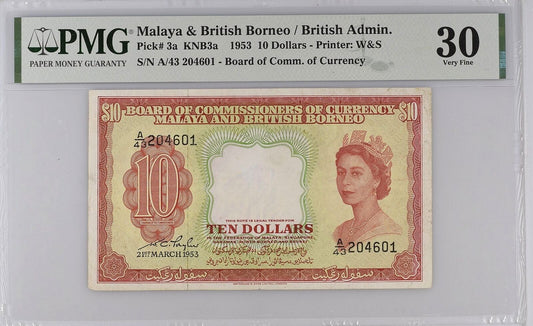 MALAYA & BRITISH BORNEO 10 Dollars 1953 P 3a VF PMG 30