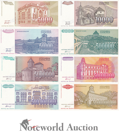 YUGOSLAVIA 50000 - 5 50 500 Million 5 Billion 1993 P 128-135 Set 8 pcs UNC