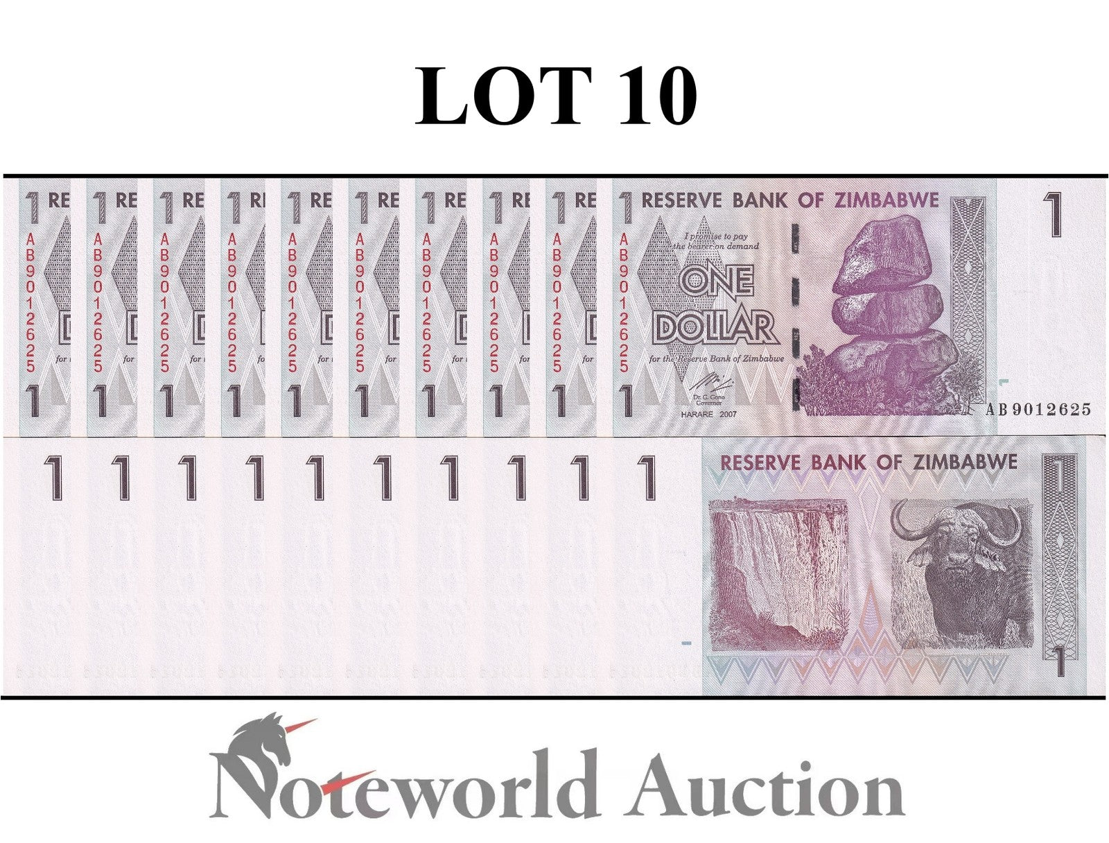 ZIMBABWE 1 Dollar 2007 P 65 Lot 10 pcs 1/10 Bundle UNC