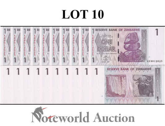 ZIMBABWE 1 Dollar 2007 P 65 Lot 10 pcs 1/10 Bundle UNC