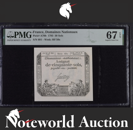 France Domaines Nationaux 50 Sols 1793 P A70b UNC PMG 67 EPQ 2nd TOP POP