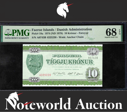 Faeroe Islands / Danish Administration 10 1974 P 18a UNC PMG 68 EPQ 3rd TOP POP
