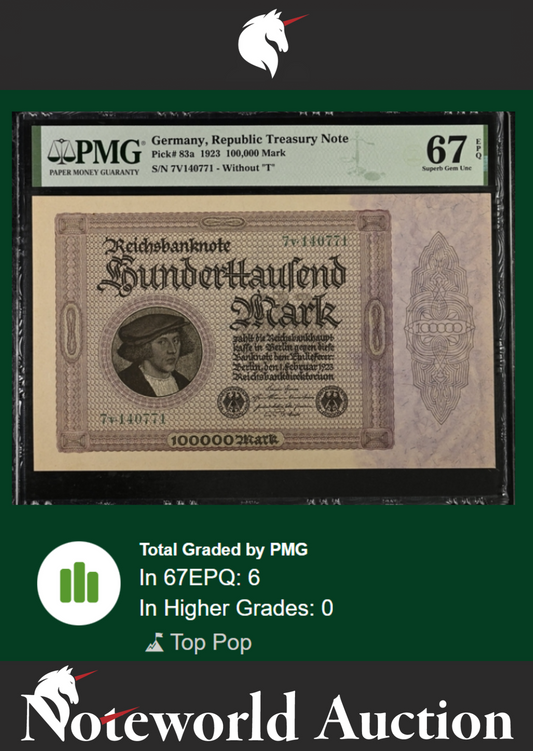 Germany Republic Treasury Note 100000 Mark 1923 P 83a UNC PMG 67 EPQ TOP POP