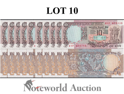 INDIA Lot 10 pcs 1/10 Bundle - 10 Rupees ND (1970 - 1990) P 81d With Hole UNC