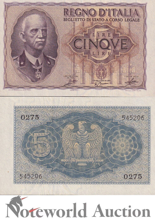 ITALY Regno d'Italia 5 Lire 1940 P 28 UNC