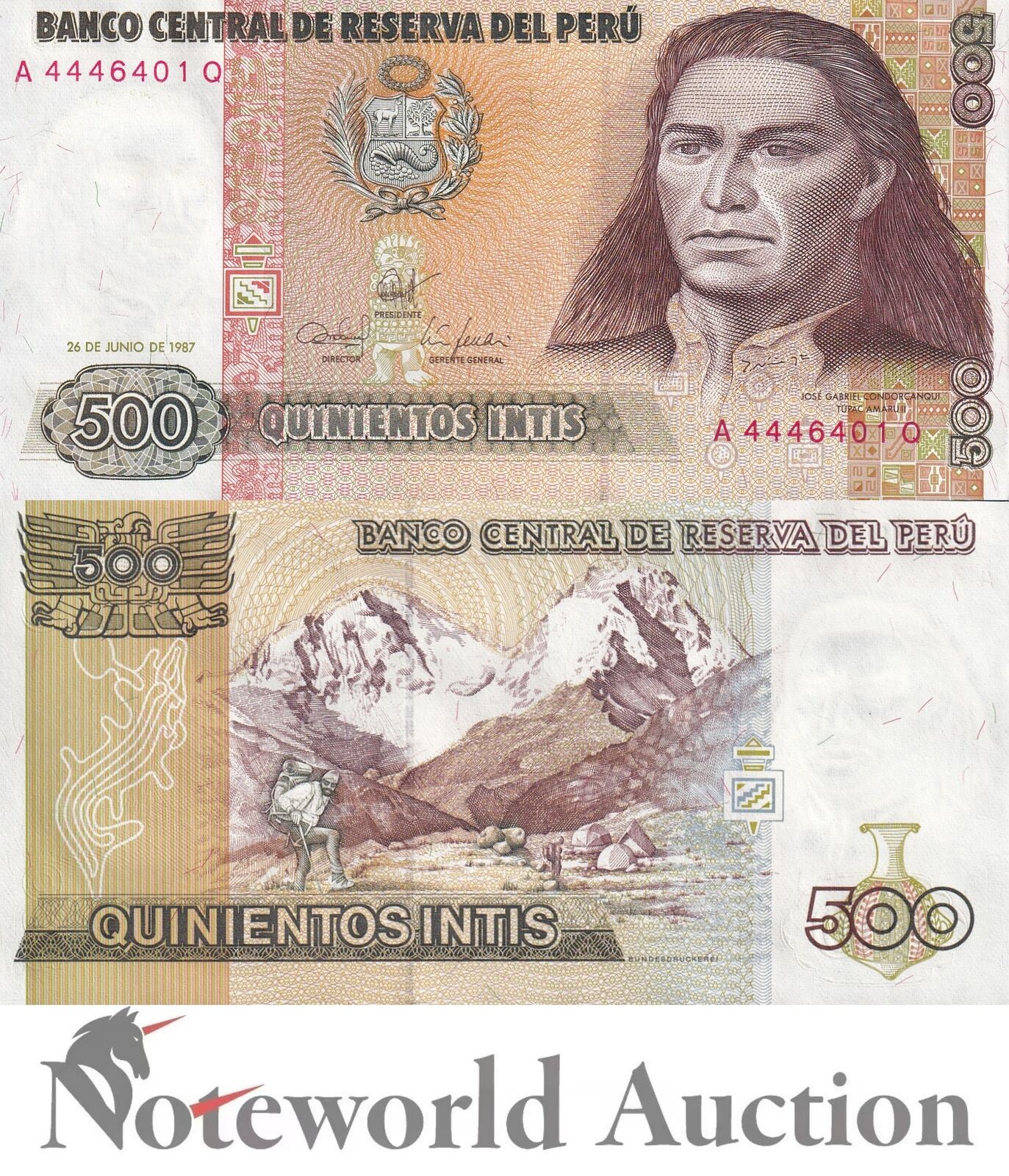 PERU Lot 100 pcs Bundle - 500 Intis 1987 P 134b UNC