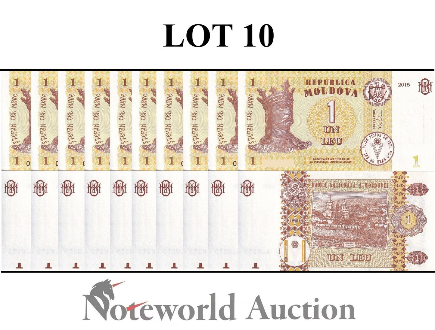 MOLDOVA Lot 10 pcs 1/10 Bundle - 1 Len 2015 P 21 UNC