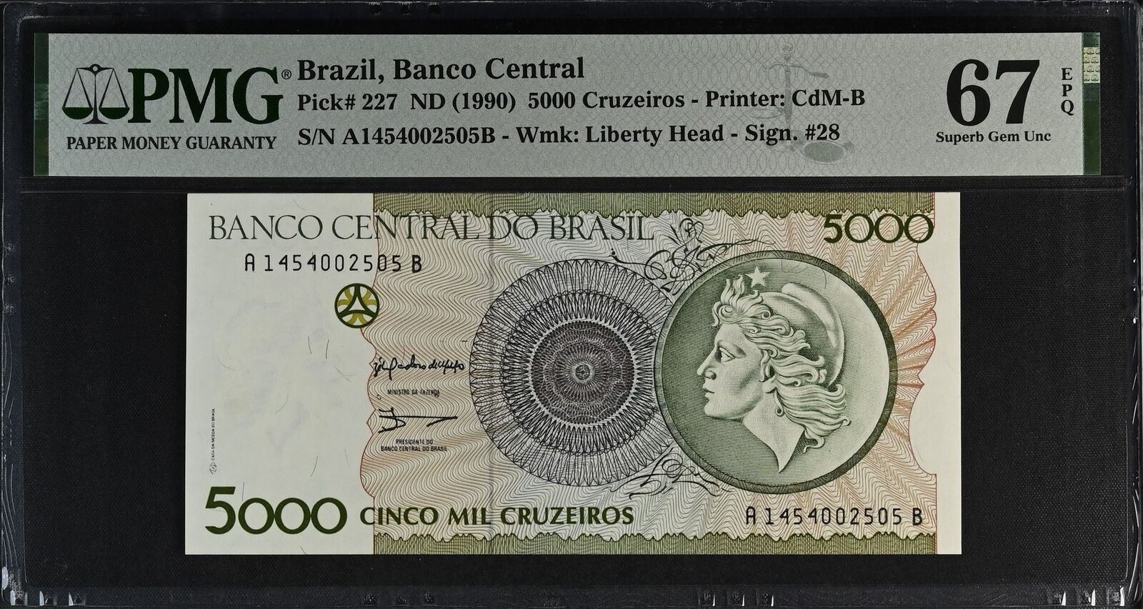 BRAZIL 5000 Cruzeiros 1990 P 227 UNC PMG 67 EPQ