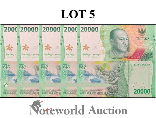 INDONESIA 20000 Rupiah 2022/2023 P 166 Lot 5 pcs 1/20 Bundle UNC