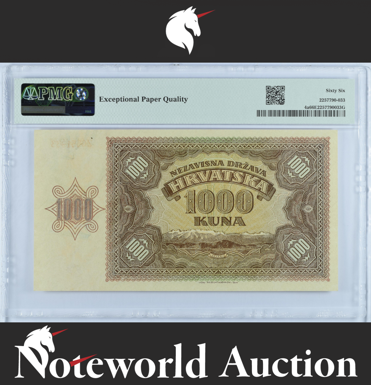 Croatia Independent State 1000 Kuna 1941 P 4a UNC PMG 66 EPQ 2nd TOP POP
