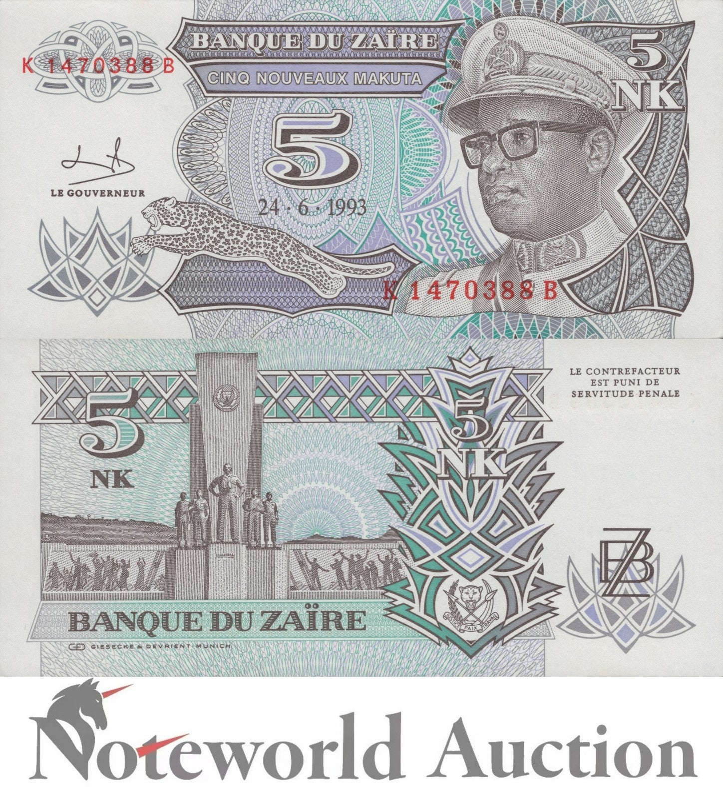 ZAIRE 5 Nouveaux Makuta 1993 P 48 FOXING UNC