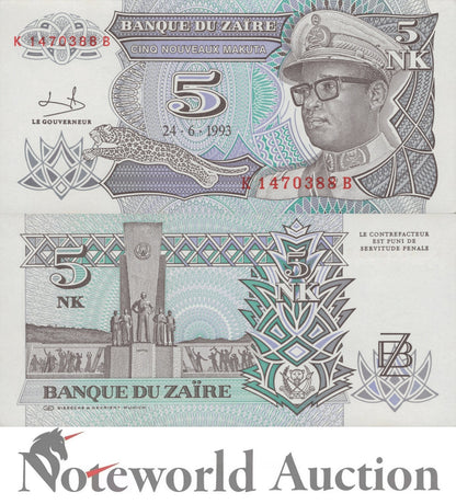 ZAIRE 5 Nouveaux Makuta 1993 P 48 FOXING UNC
