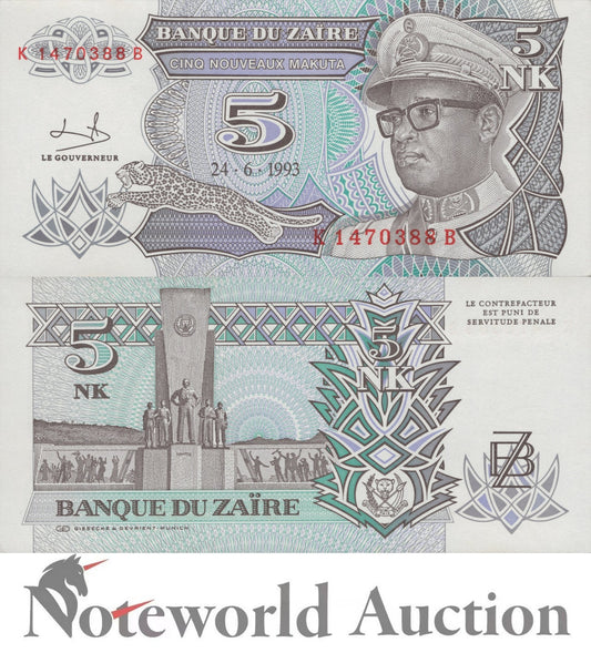 ZAIRE 5 Nouveaux Makuta 1993 P 48 FOXING UNC