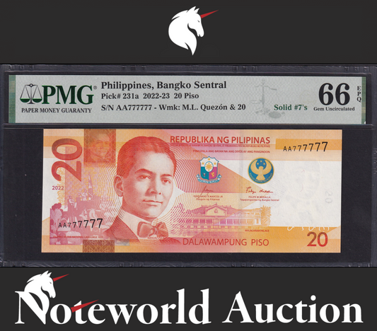 PHILIPPINES 2022-23 P 231a Prefix AA SOLID 7 - 777777 UNC PMG 66 EPQ 3rd TOP POP