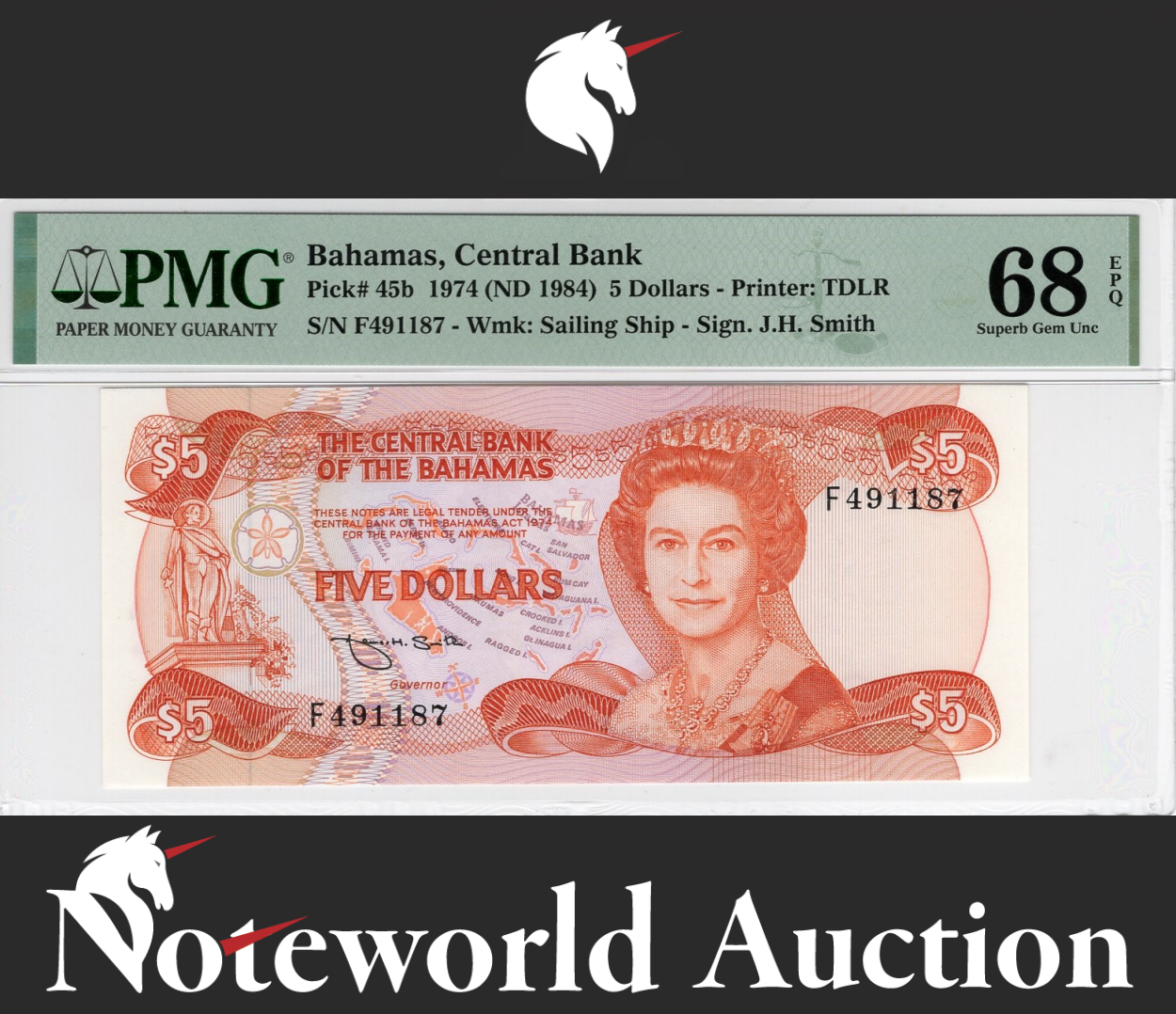 Bahamas Central Bank 5 Dollars 1974 (ND 1984) P 45b UNC PMG 68 EPQ TOP POP