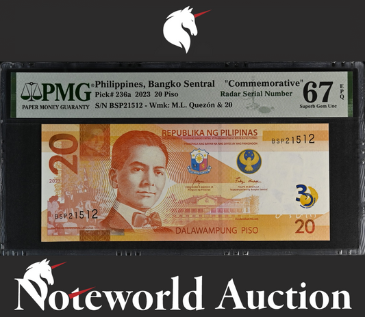 Philippines COMM. 20 2023 P 236a Radar S/N 21512 UNC PMG 67 EPQ NR 3rd TOP POP