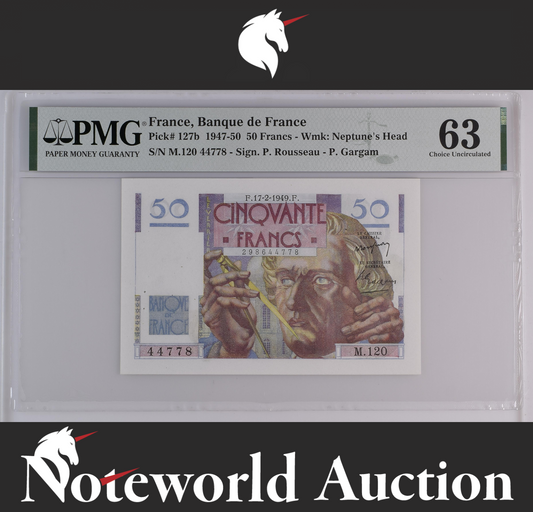 France Banque de France 50 Francs 1947-50 P 127b Pinholes UNC PMG 63