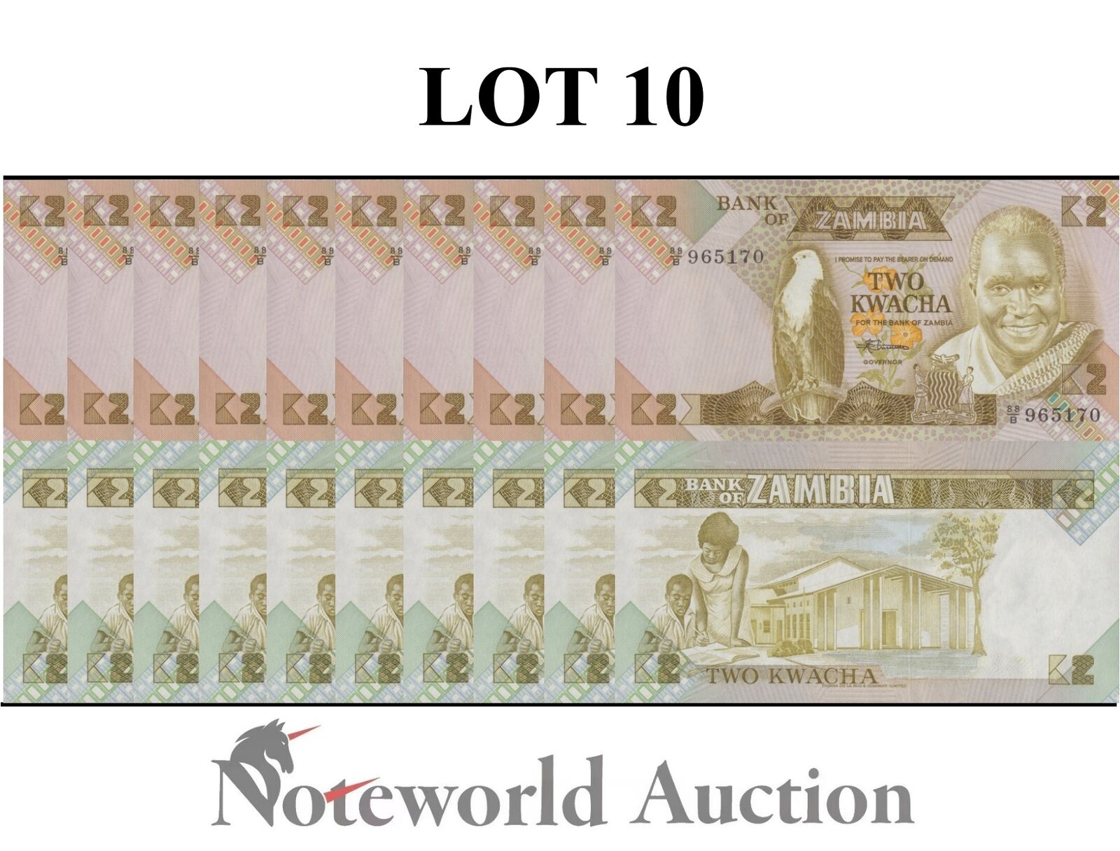 ZAMBIA Lot 10 pcs 1/10 Bundle - 2 Kwacha ND 1980-1988 P 24c(1) UNC