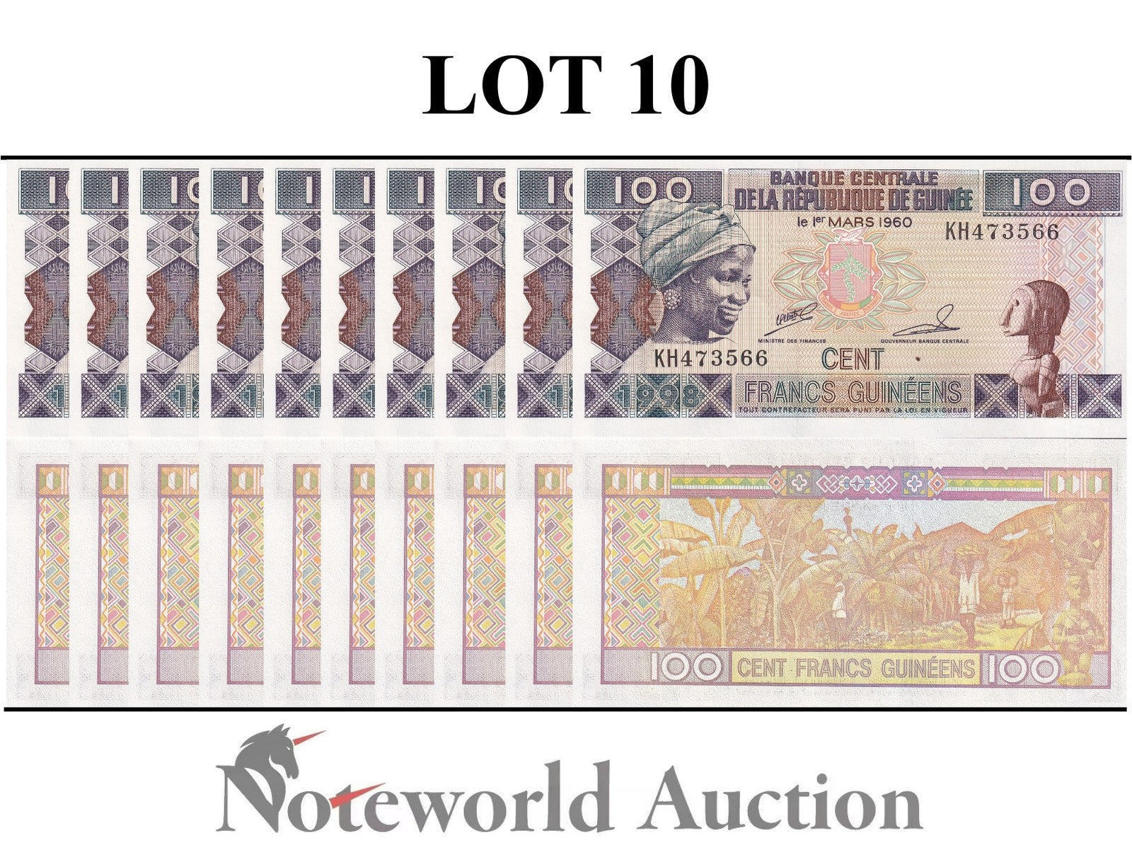 GUINEA 100 Francs 1998 P 35a Lot 10 pcs 1/10 Bundle UNC
