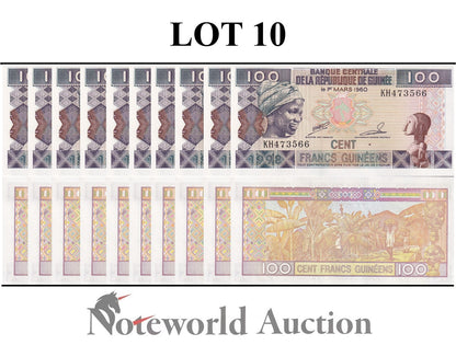 GUINEA 100 Francs 1998 P 35a Lot 10 pcs 1/10 Bundle UNC