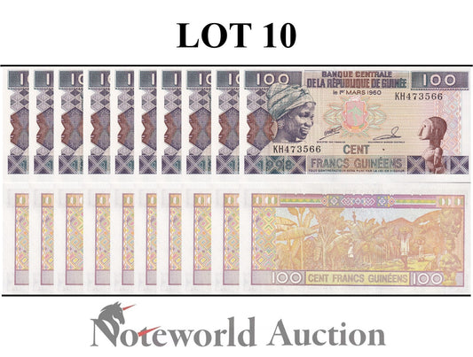 GUINEA 100 Francs 1998 P 35a Lot 10 pcs 1/10 Bundle UNC