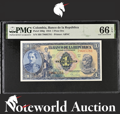Colombia Banco de la Republica 1 Peso Oro 1954 P 380g UNC PMG 66 EPQ 2nd TOP POP